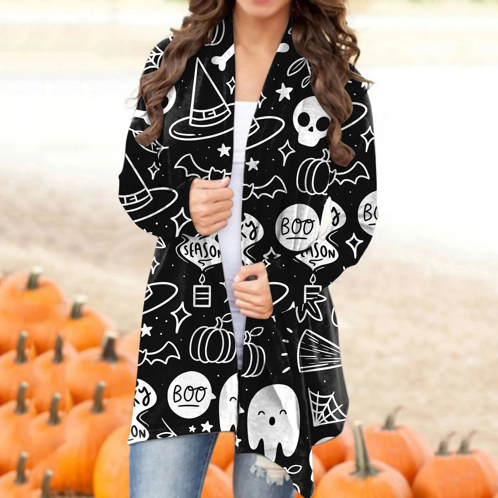 2024 Halloween Cardigan Pumpkin Cat Spider Bat Cartoon Print Long Sleeve Open Front Outwears Plus Size Loose Casual Women Tops