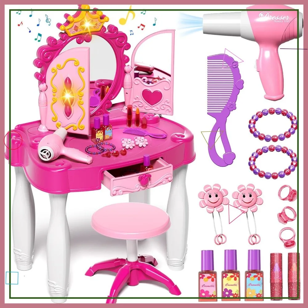 مجموعة مكياج للفتيات مع مرآة وكرسي وأضواء وموسيقى - طاولة تلبيس للأطفال الصغار من عمر 3-5 سنوات