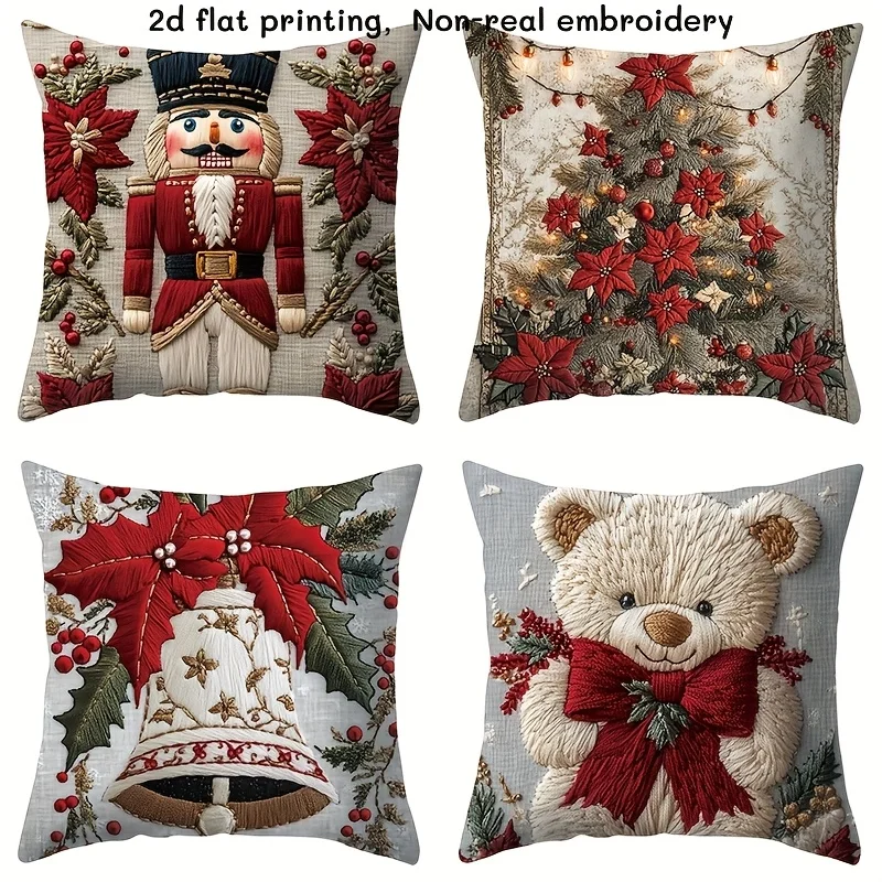 

4Pc Christmas Pattern Decorative Pillowcase Set Imitation Embroidery Style Soft Comfortable