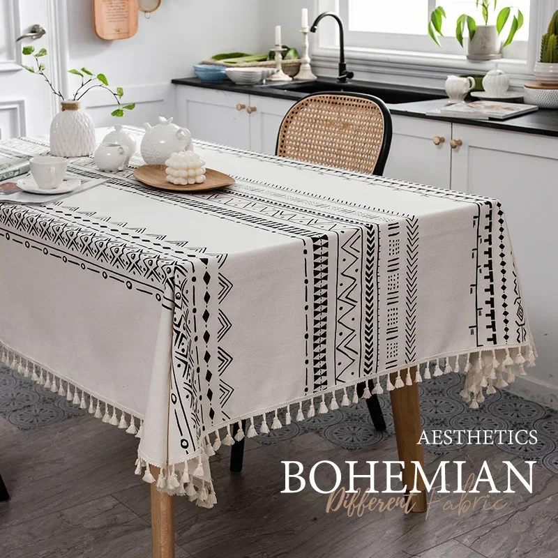 

Bohemian Tablecloth, Cotton and Linen Non-washable Fabric, Ethnic Style Rectangular Tassel Tablecloth, Waterproof and Oilproof