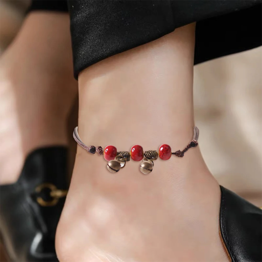 1pcs Ceramic Brown Rope Anklet Small Fresh Hand-Woven Beaded Anklets Literature And Art Ethnic Style Adjustable Anklet