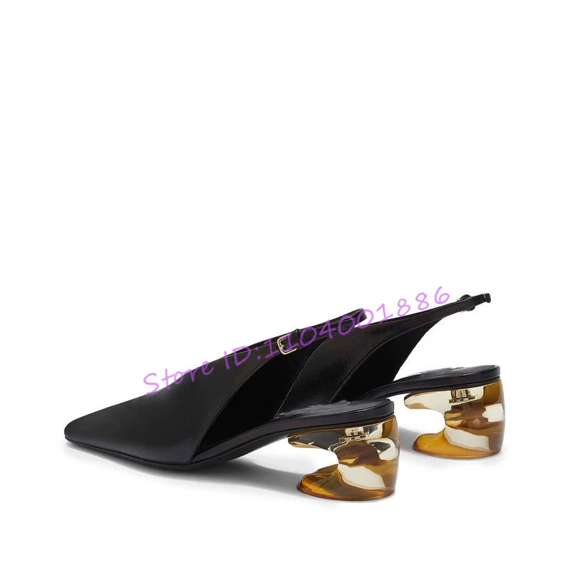 صنادل نسائية بكعب غريب بمقدمة مربعة من الجلد الصلب بحزام خلفي أحذية صيفية أنيقة بكعب متوسط ضحلة مقاس كبير