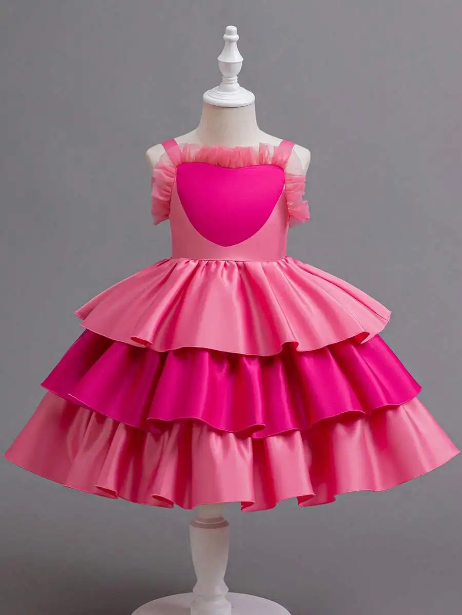 

Pink Heart Neckline Tiered Ruffle Fluffy Skirt Evening Dress