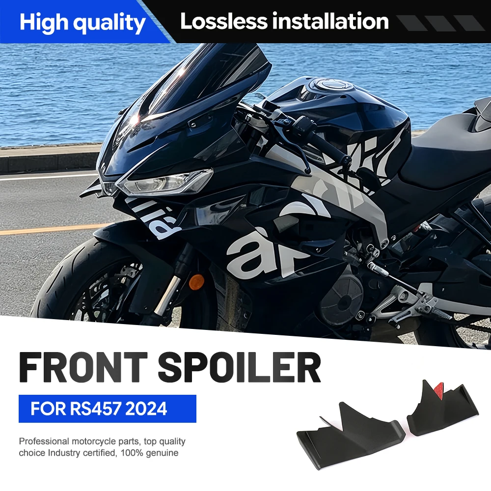 Front spoiler winglet aerodynamic wing guide kit for Aprilia RS 457 2024, 2025, and 2026 motorcycles. ABS material, black