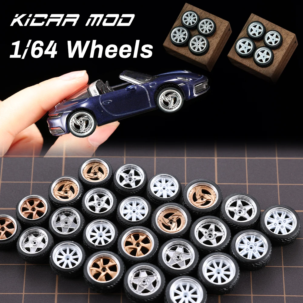 1/64 Scale Model Car Refitting Parts - 4 Sets ABS Wheels with Rubber Tires (Front Small/Rear Large) for Sports Car
