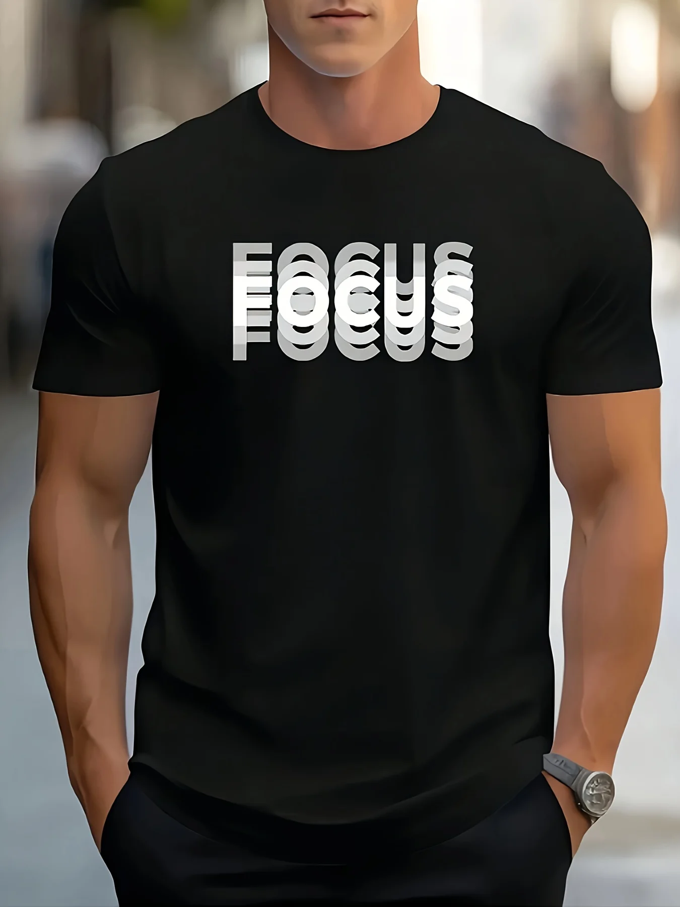 

Stylish Focus Tee - Men's Abstract Letter Print T-Shirts - Crew Neck, Short Sleeve, Pure Cotton, Summer Fashion, Casual