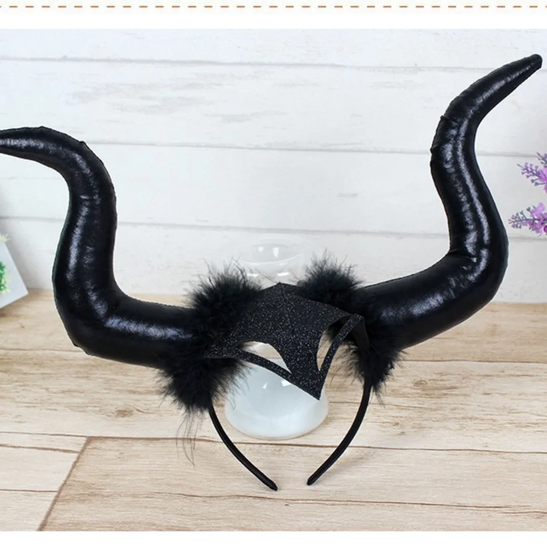 جديد إمرأة طويل شيطان الثور القرن عقال الشر الملكة بريق الشعر هوب تأثيري هالوين زي ماجيك الساحرة خوذة الإكسسوار