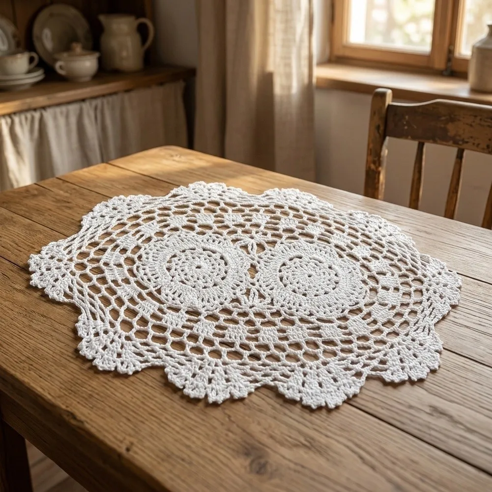 Oval Placemat Combining Floral Lace Design and Hand Crochet Craftsmanship in 100 Percent Cotton for Refined Table Styling