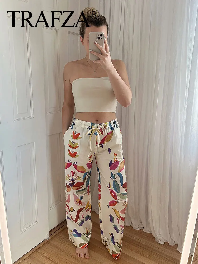 TRAF Female Casual Wide Leg Pants Print Mid-Waist Lace-Up Decoration Elastic Waist Trousers Spring Long Pant Woman 2024 Trendy