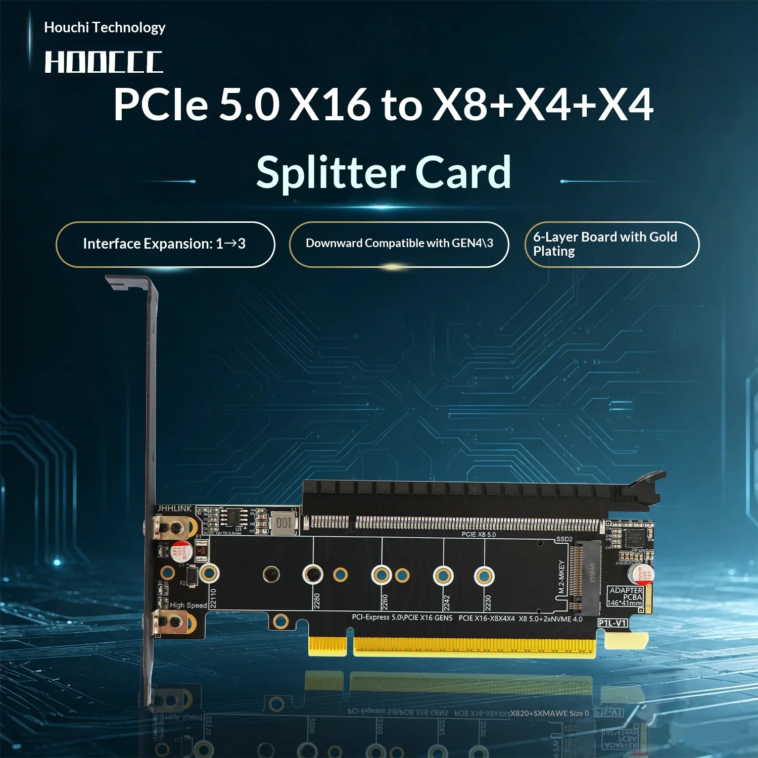 HOOCCC PCIe 5.0 X16 to X8+X4+X4 Splitter Card, PCIe 5.0 x8 Slot for Graphics Card, PCIe 4.0 x4 M.2 NVMe SSD Slot, 6-Layer Gold P