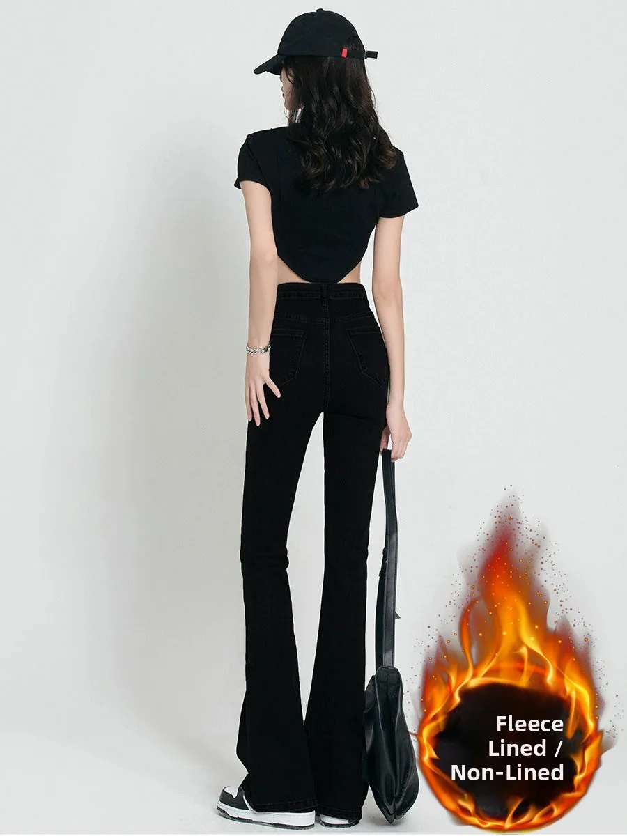 

High Waist Fleece Lined Black Micro Flared Jeans Women's Slim Fit Floor Length Hoof Pants Small Size Warm Winter Trousers