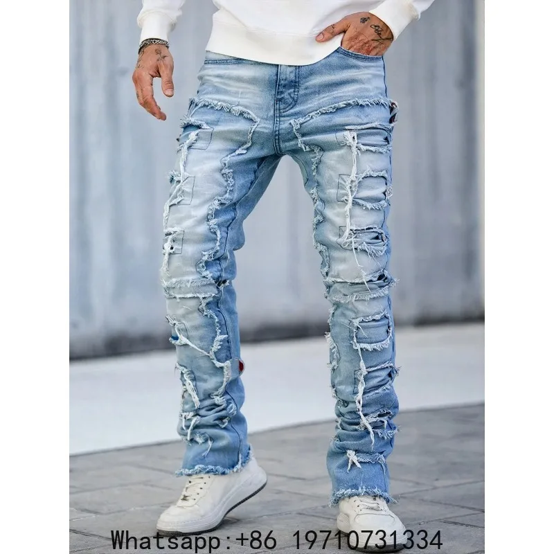 Plus-size American-style high street raw-edge ripped jeans, gradient light blue wash, men's oversized trendy brand long pants