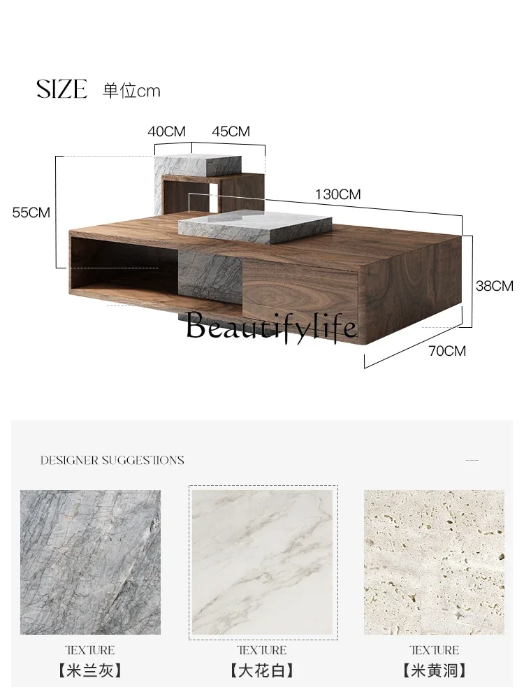 S Natural Marble Coffee Table Walnut Chinese Style Small Apartment Living Room Designer Retro Coffee Table