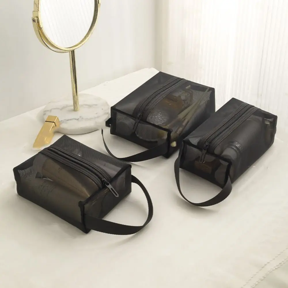 

Simple Portable Mesh Makeup Bag Square Zipper Storage Toiletry Bag Lightweight Large Capacity Transparent Cosmetic Bag Bathroom