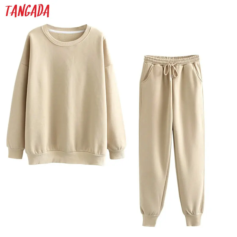 Tangada 2022 Autumn Winter Women warm yellow fleece 100% cotton suit 2 pieces sets o neck hoodies sweatshirt pants suits 6L24