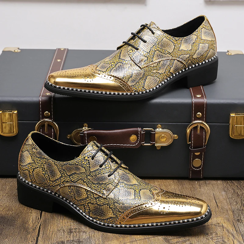 Fashionable Block Shoes Men Pointed Silver Gold Flower Lace Up Business Classic Printed Formal Shoes Luxury Men Shoes Size 38-46