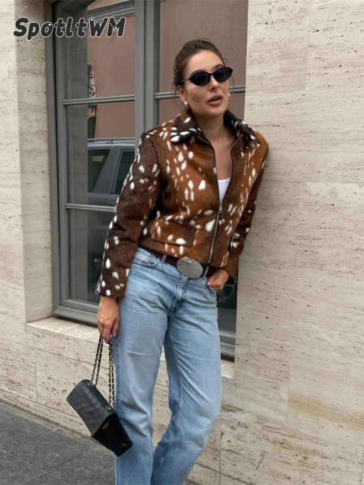 Women's Leopard Print Faux Fur Cropped Jacket Full Sleeve Jackets Full Zip Front 2026 Fashion Street Autumn Winter Lady Outwear