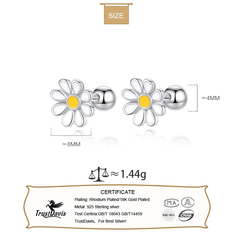 TrustDavis Real 925 Sterling Silver Sun Flower Screw Beads Stud Earrings For Women Children Baby Girls Minimalist Jewelry DB1431