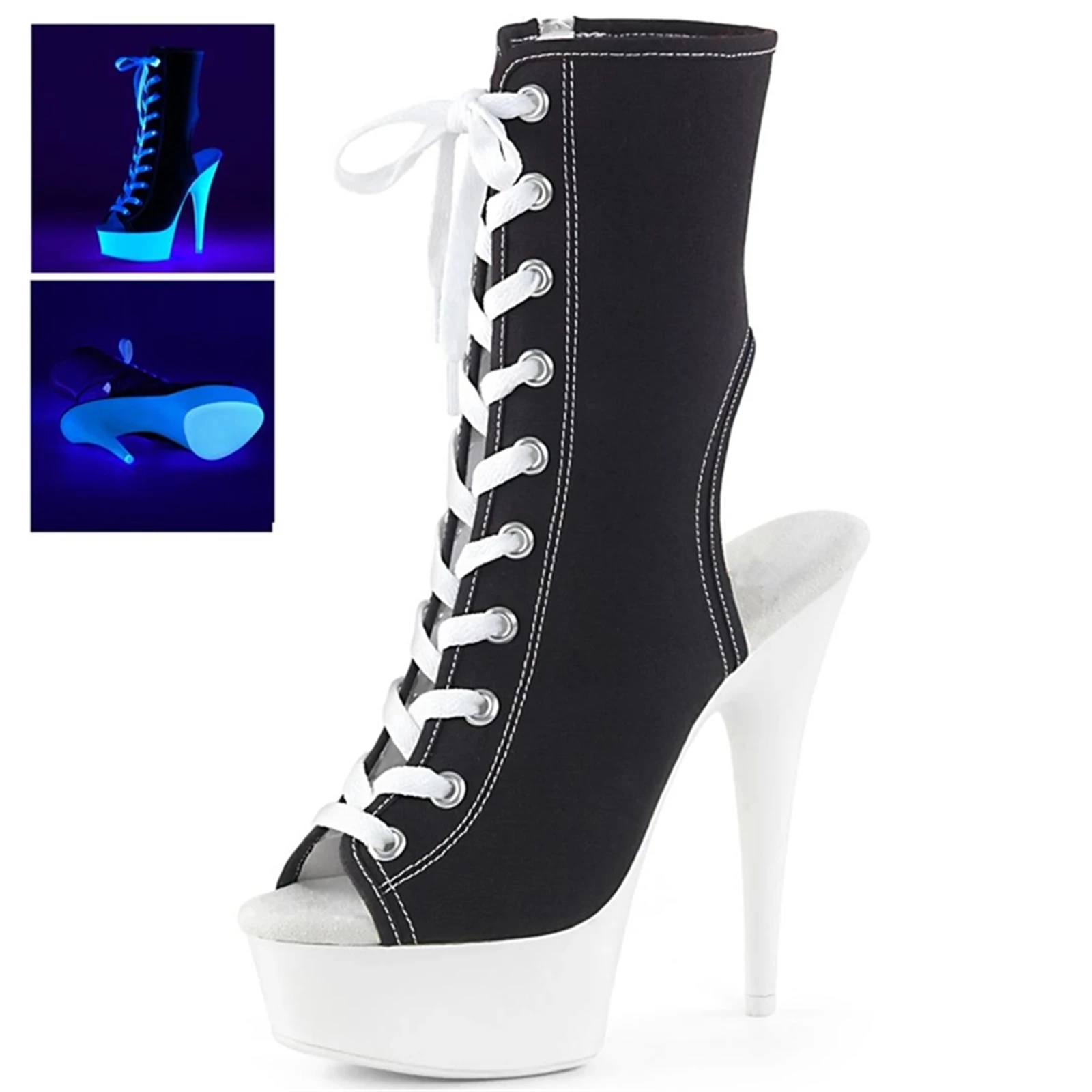 

​15CM Glow in The Dark Ankle Boots Black, Canvas Lace-Up Platform Heels with UV Reactive Effect, Unique Party Shoes​