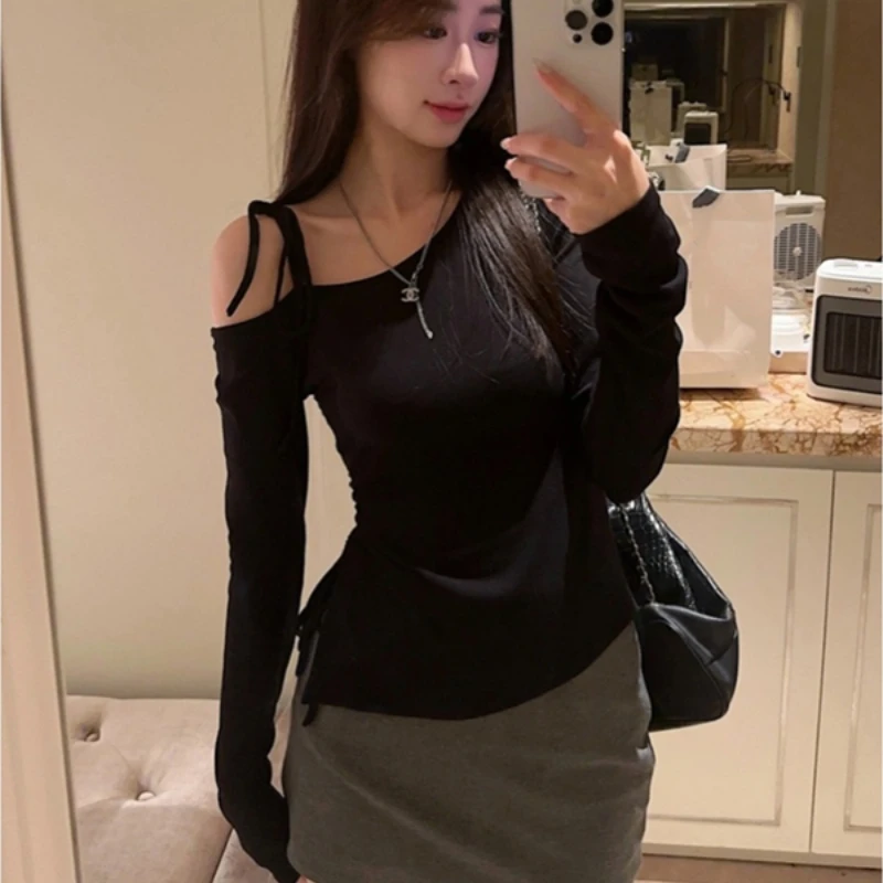 Long Sleeve T-Shirts for Women Side-slit Ins Slim Fit Off-shoulder All-match Korean Fashion Classic Sweet Spicy Girls Autumn Top