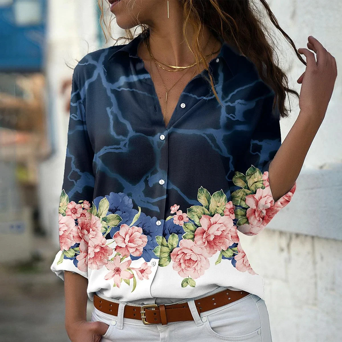 Camisa solta estampada de mulher, blusa casual, temperamento, nova