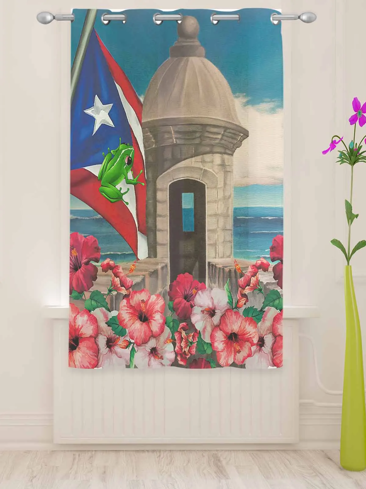 Puerto Rico Flag Hibiscus Flower Bedroom Voile Curtain Window Treatment Drapes Tulle Curtains for Living Room Sheer Curtains