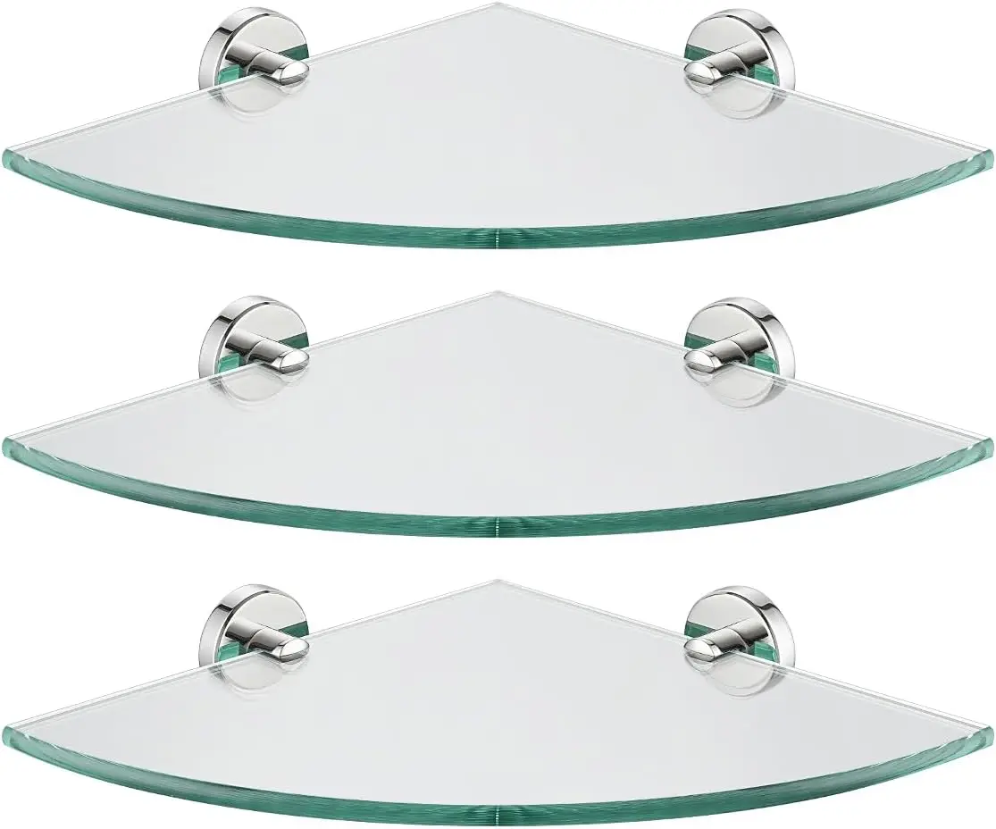 

Corner Glass Shelf, Polished Chrome Bathroom 304 Stainless Steel Shower Triangle Floating Wall Shelf, 10 x 10 Tempered Glass