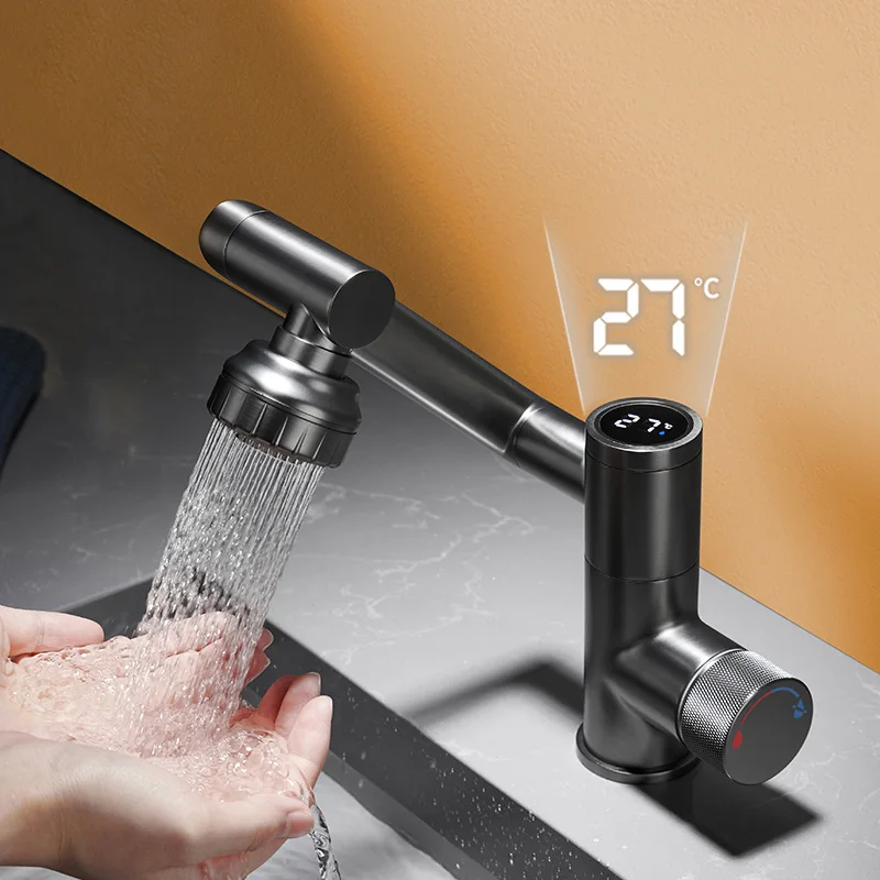 

Digital display basin bathroom cabinet faucet under the basin single hole cold and hot gun gray universal rotating bathroom fauc