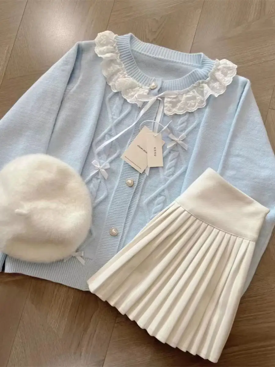 

Winter Korean Fashion Preppy Style Women's Suit 2 Piece Set Lace Bow Knitted Sweater + Pleated Mini Skirt Japanese Lolita Outfit