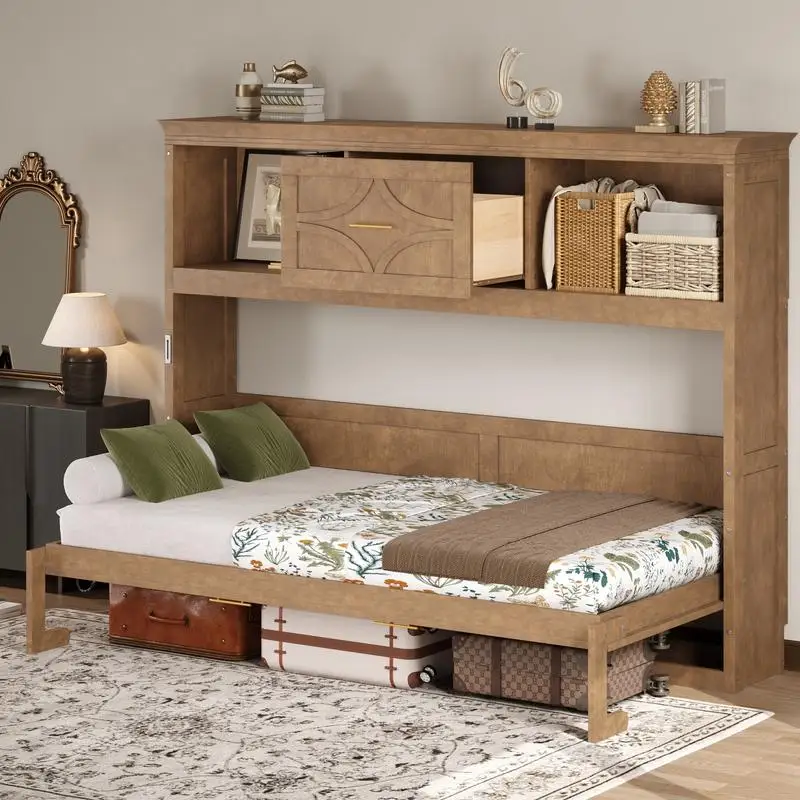 Murphy Bed Twin Size with Charging Station and Drawer, Wood Finish