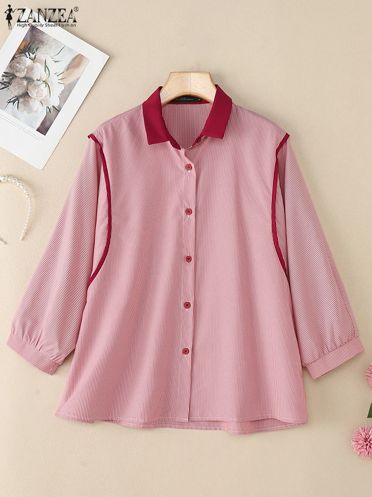 

ZANZEA Korean Fashion Contrast-Piping Striped Shirts Autumn Women Elegant Turn-Down Collar 3/4 Sleeve Color-Block Chemises Femme