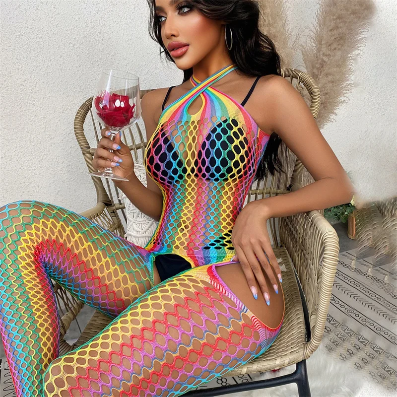 Sexy Lingerie Bodysuit Underwear Women Bodystockings Fishnet Crotchless Mesh Tights Erotic Babydoll Rainbow Sex Costumes