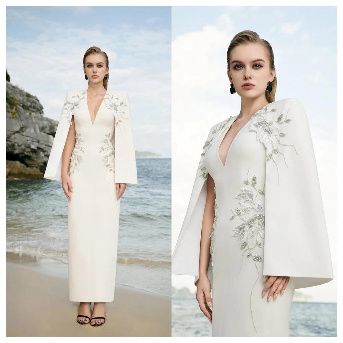 맞춤형 절묘한 화이트 저지 이브닝 드레스 v 넥 3/4 슬리브 연예인 가운 맞춤형 행사 가운 아플리케 고품질