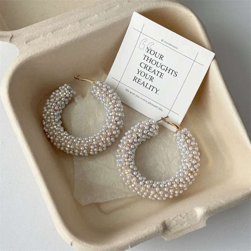 Delicate Crystal Pearl Beads Hoop Earrings for Women European American Personality Exaggerated Party Jewelry Daily Accessories