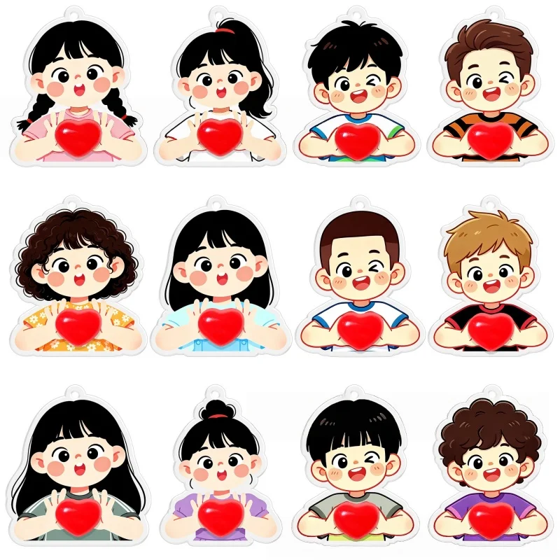 10Pcs Cartoon Couple Acrylic Keychain Toy TPR Soft Rubber Three-Dimensional Heart Decompression Backpack Pendant Toy Gift