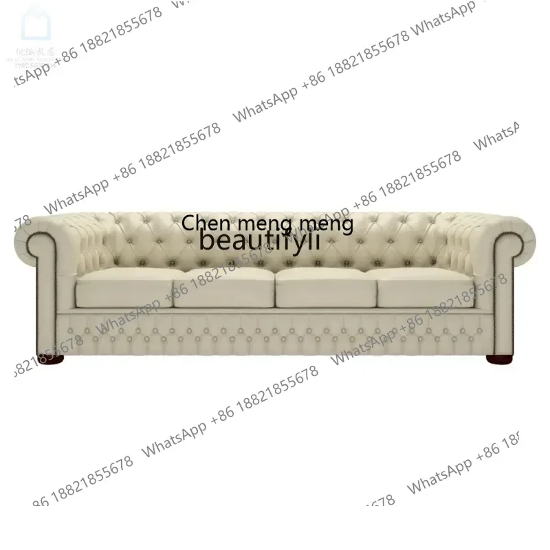 D178 H American retro living room model room combination pull button sofa oil wax genuine leather three-person first layer cowhi