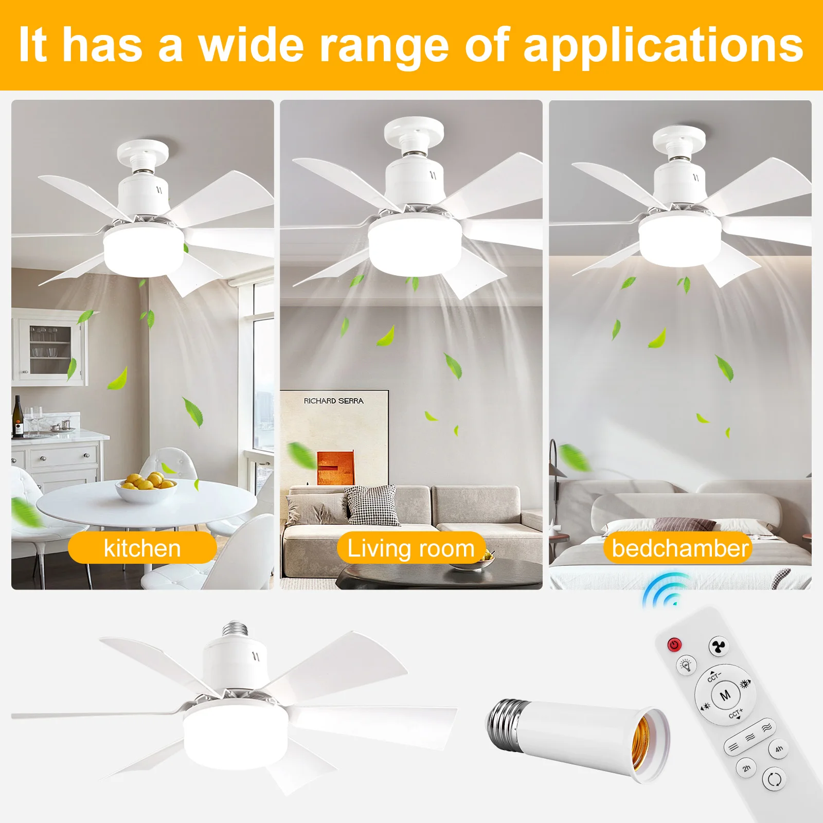 Socket Fan Light with Remote Screw in Ceiling Fan in Light Socket 3 Speeds Dimmable with Extender & 6 Blades for Bedroom