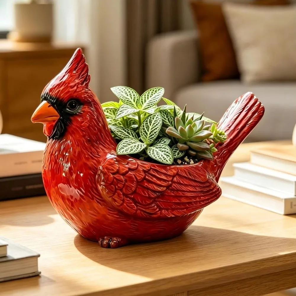 Resin Lively Bird Plant Pot with Drainage Hole Wide Opening Bird Shaped Planter Novelty Style Hummingbirds Succulent Pot