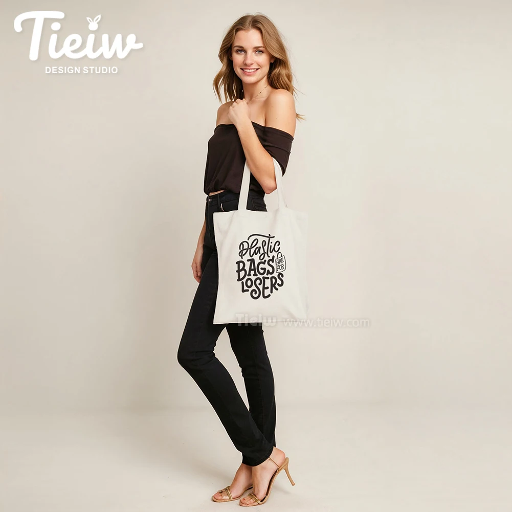 Eco-Friendly Reusable Shopping Bag Canvas Tote Bag with “Plastic Bags are for Losers” Large and Sturdy Black and White