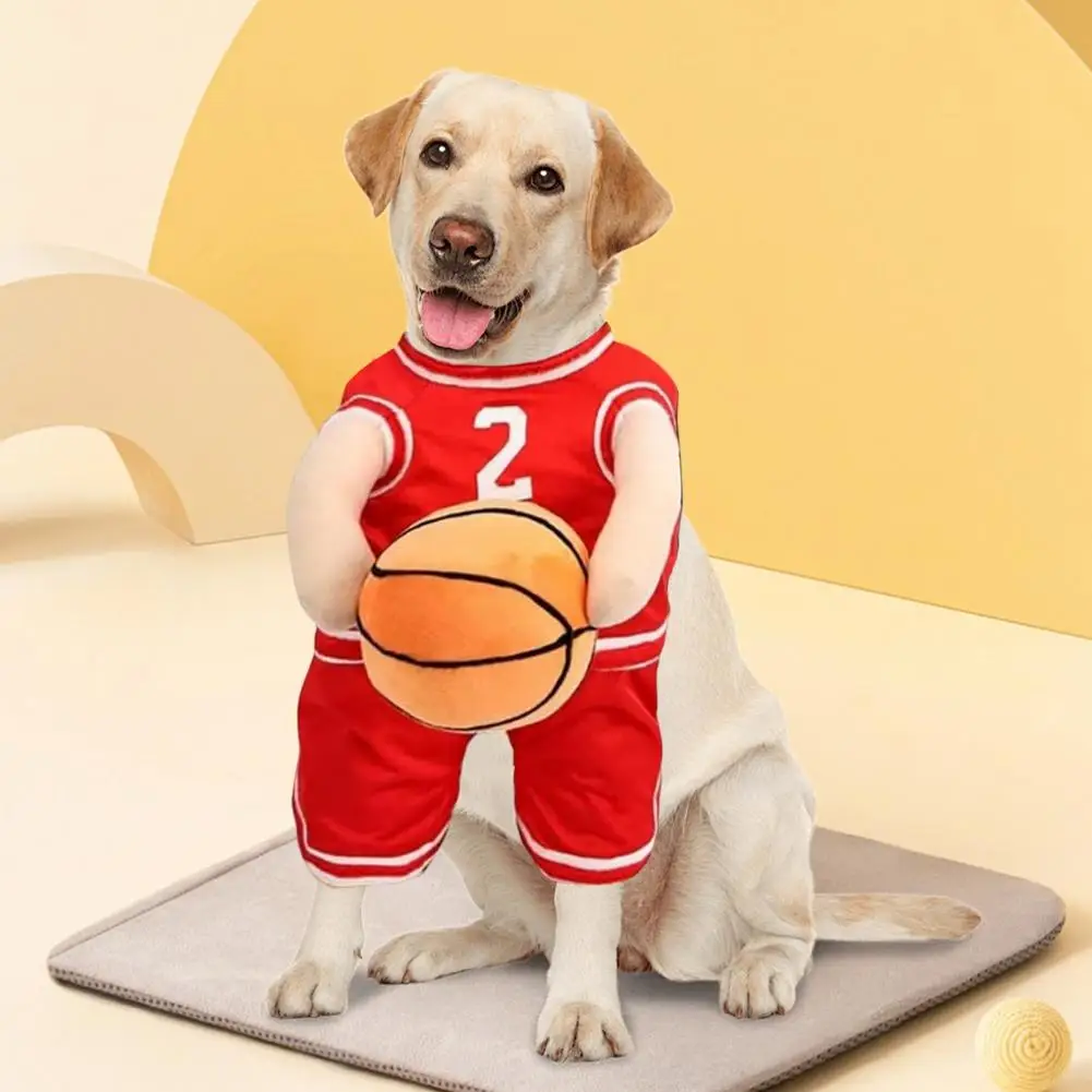 Funny Dog Jumpsuit Basketball Players Costume with Ball Halloween Pet Dog Holding Ball Basketball Uniform Dress-up Outfit