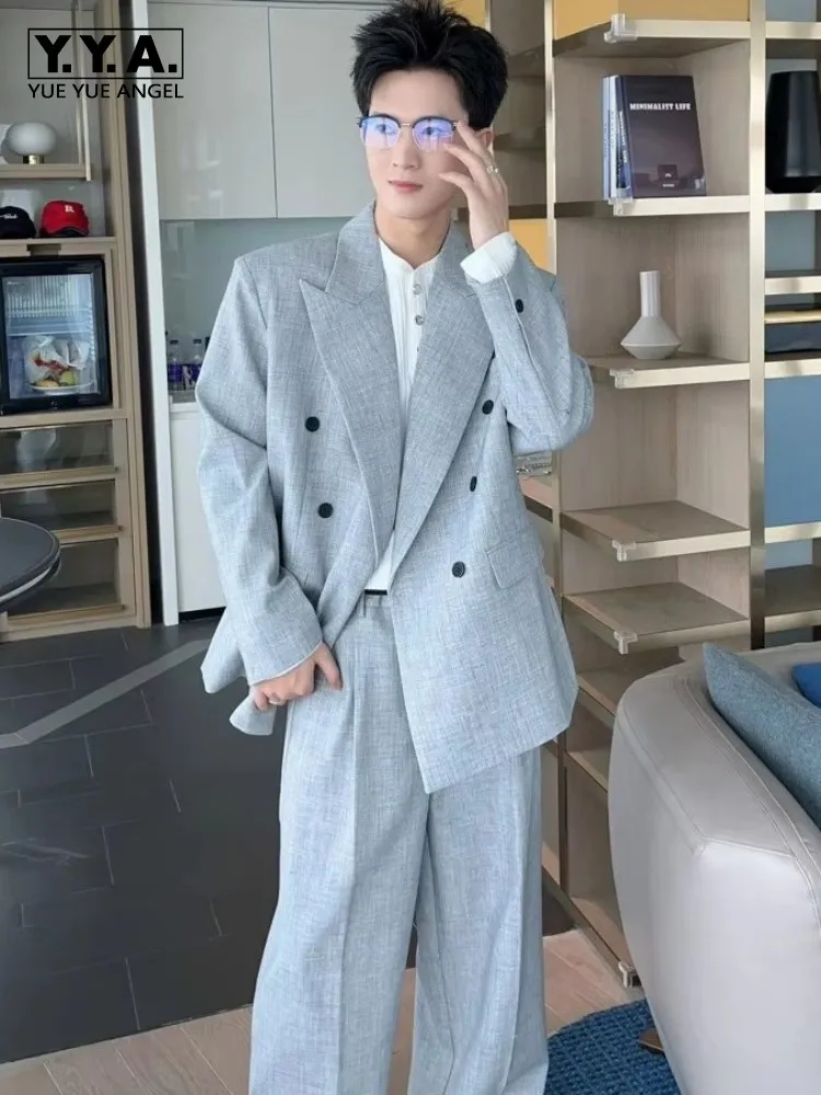 Mens Office Work Business Casual Suits Sets Loose Fit Double Breasted Blazers Straight Pants Spring Autumn Fashion Two Piece Set
