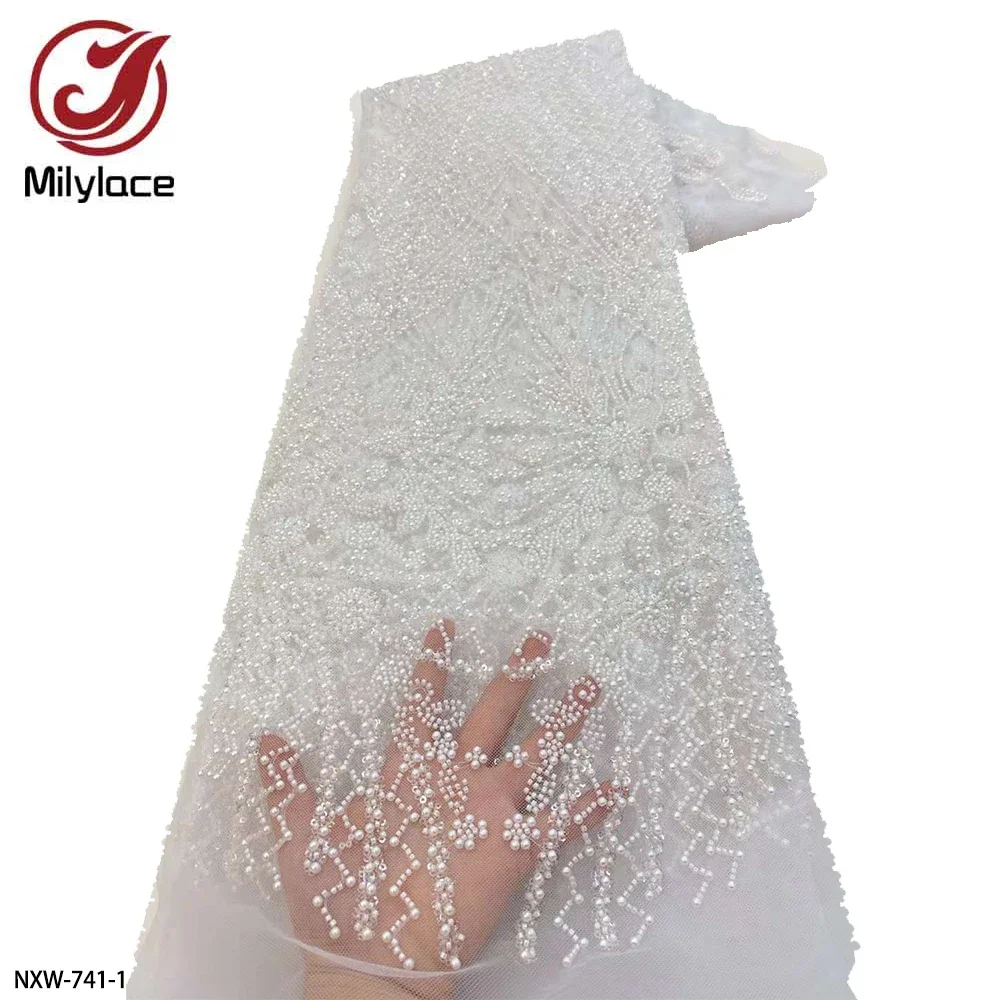 

Exquisite African Handmade Heavy Beaded Fabrics Luxury Nigerian Sequins Mesh Lace Fabric French Tulle Lace for Wedding NXW-741