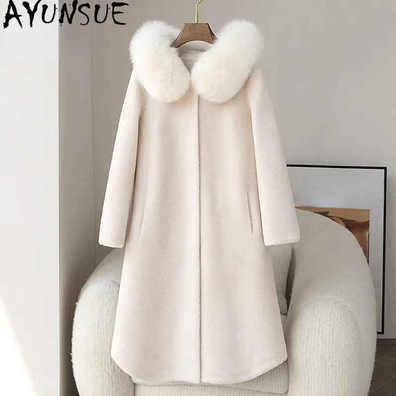 

AYUNSUE 100% Sheep Shearing Jacket Women Elegant Fur Coats for Women 2023 Wool Jackets Fox Fur Collar Long Coat Outwear Chaqueta