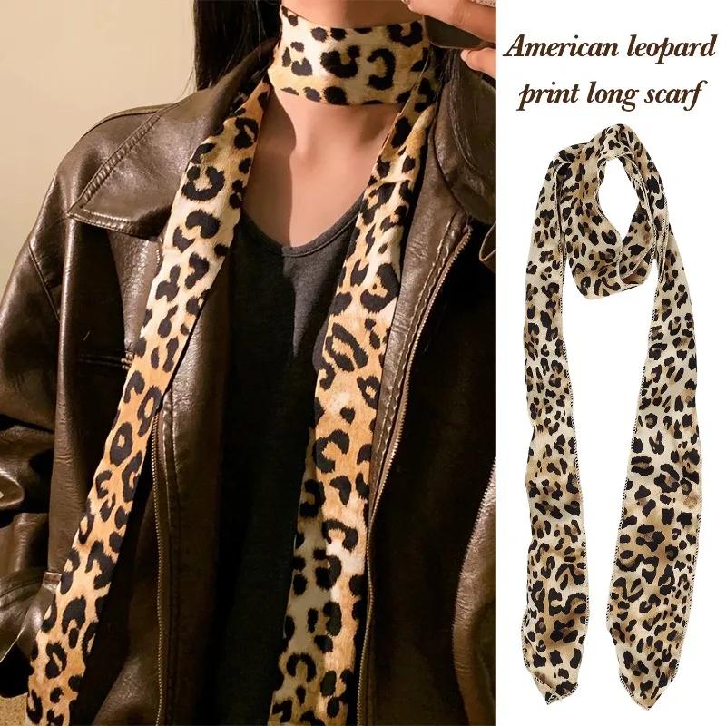 American Leopard Print Long Scarf Women Retro Tie Multifunction Hair Band Bags Handle Decoration Long Scarfs Fashion Accessories