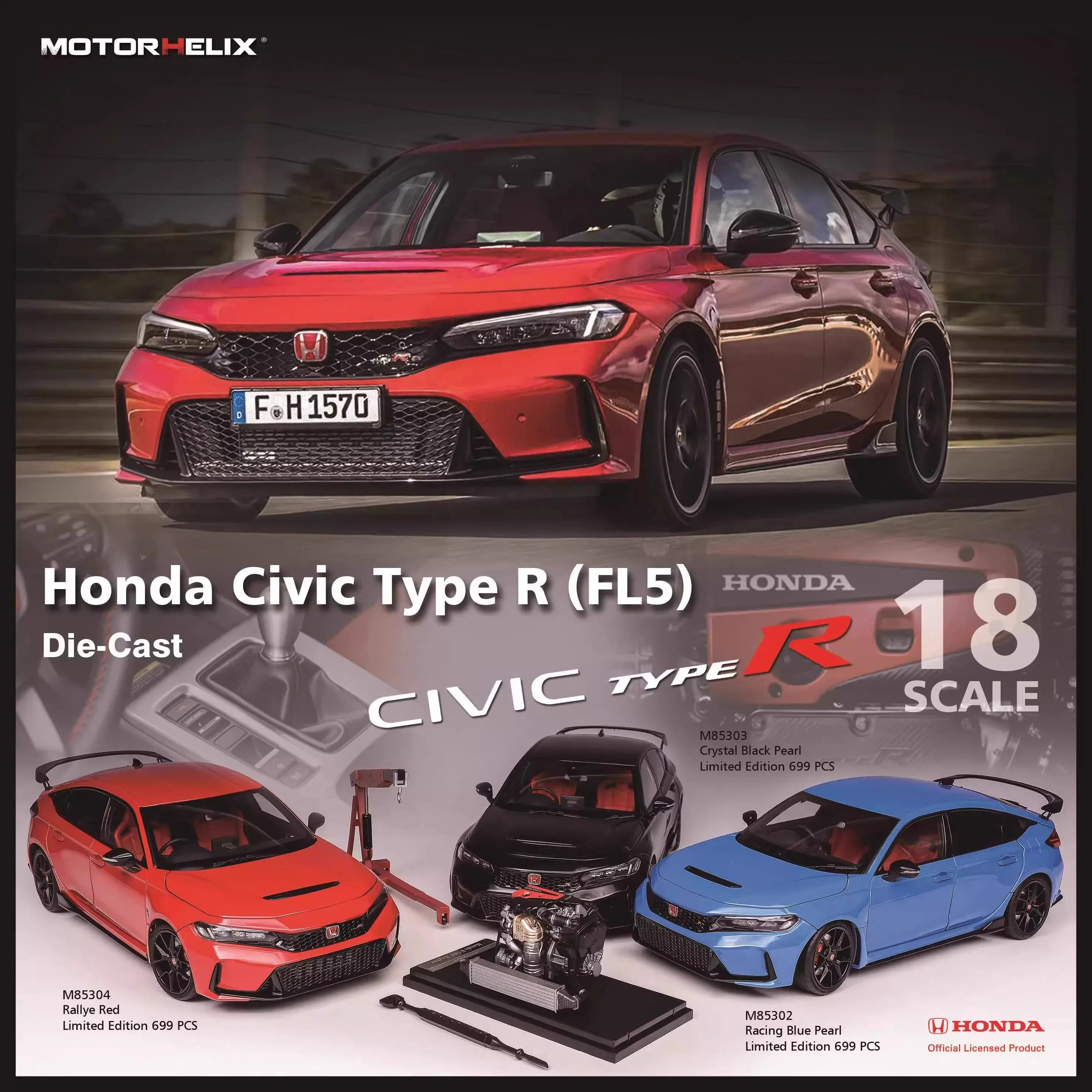 MOTORHELIX Car Model 1/18 Toyota Civic Type R FL5 Honda Simulation Alloy Cars Model Room Display Boy Collection Birthday Gift