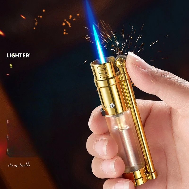 Transparent Gas Chamber Metal Windproof Jet Blue Flame Butane Gas Lighter Safety Gas Valve Grinding Wheel Ignition Cigar Lighter
