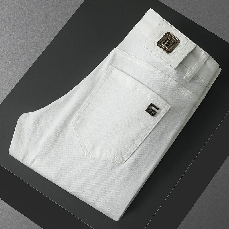 

New High-End Quality White Three Proof Nine Point Long Pants For Men Slim Fit And Elastic Small Leg Straight Trendy