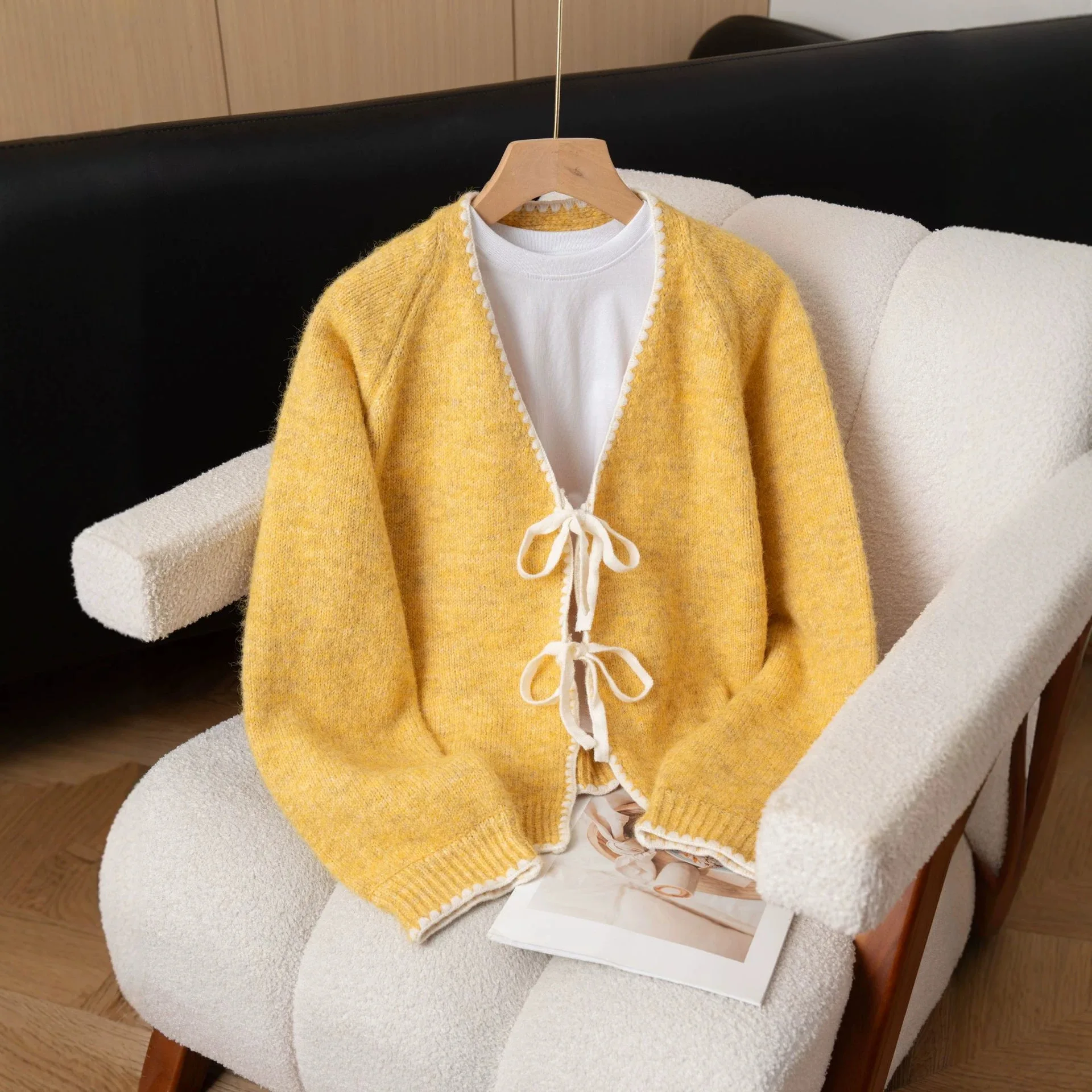 Round Neck Cropped Oversized Open‑Front Sweater Chic Tie‑Bow Knitted Cardigan for Women Jacket Soft Casual Outerwear Tops