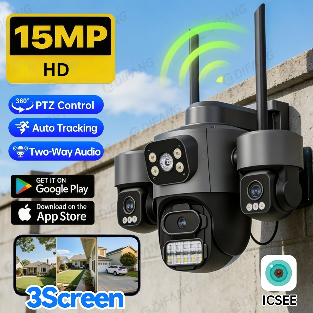 15MP Triple Lens & Triple Screen WiFi IP Camera, Auto Tracking Security Cam with IP66 Waterproof, iCsee App CCTV Surveillance