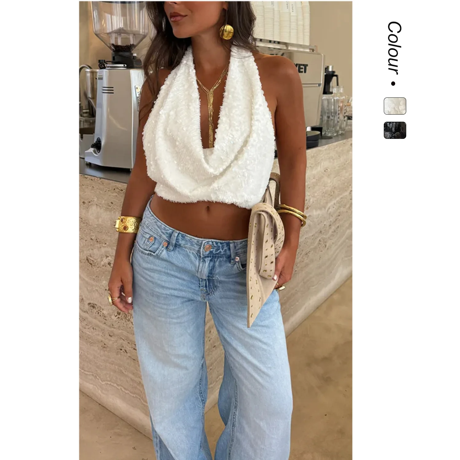 

Новый подвесной топ на шею в Европе и Америке 2025 года с облегающим темпераментом, модный и утягивающий, стиль отпуска на море